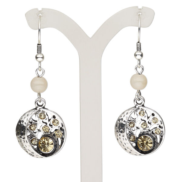 Earring, glass / glass rhinestone / antique silver-plated brass / steel / "pewter" (zinc-based alloy), cream and topaz brown, 2 inches with hammered round and cutout design with fishhook ear wire. Sold per pair. image number 0