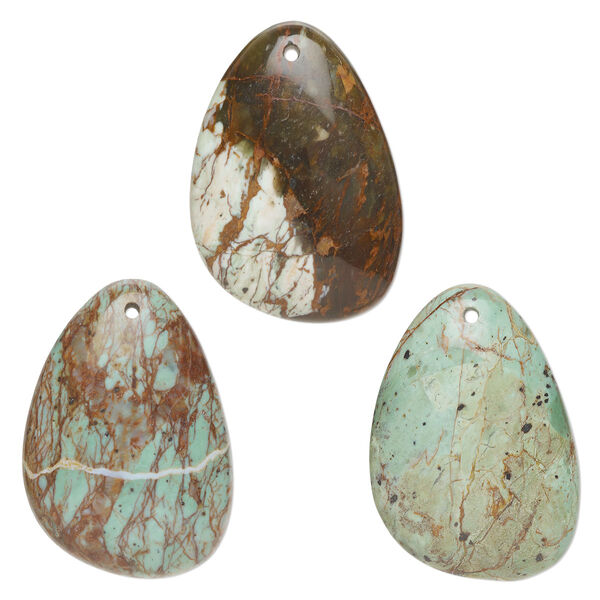 Focal, green "opal" (natural), 46x32mm top-drilled teardrop with flat back, B grade, Mohs hardness 4-1/2 to 6. Sold individually. image number 0