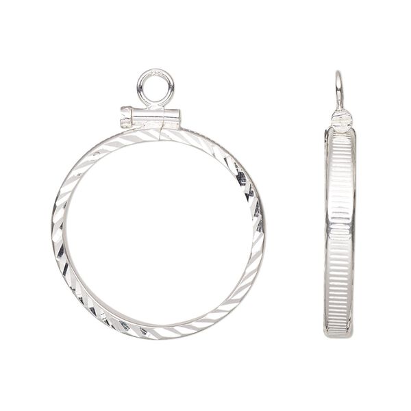 Drop, sterling silver, 23mm diamond-cut open round with 21mm screw-fastened flat round bezel setting. Sold individually. image number 0