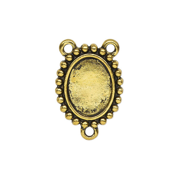 Connector, antique gold-finished "pewter" (zinc-based alloy), 20.5x17mm double-sided oval rosary with beaded design and 14.5x11mm non-calibrated oval cabochon glue-in setting. Sold per pkg of 4. image number 0