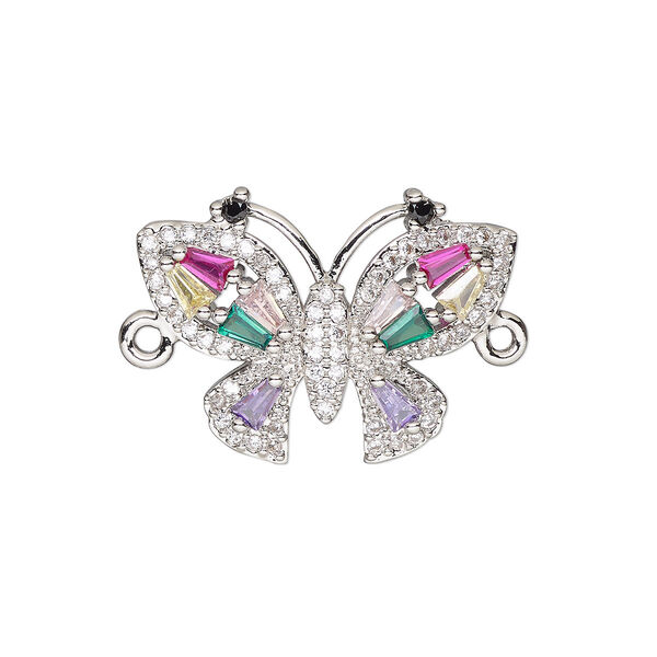 Link, cubic zirconia and silver-finished brass, multicolored, 21.5x16mm single-sided butterfly. Sold individually. image number 0
