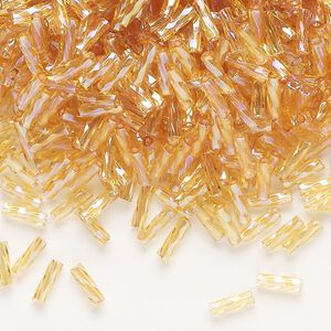 Bugle bead, Dyna-Mites™, glass, translucent rainbow gold, 6mm twisted. Sold per 50-gram pkg.
