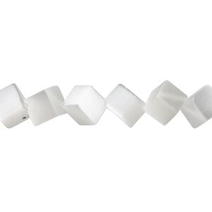 Bead, cat's eye glass (fiber optic glass), white, 9mm diagonally drilled cube. Sold per 15-inch strand.