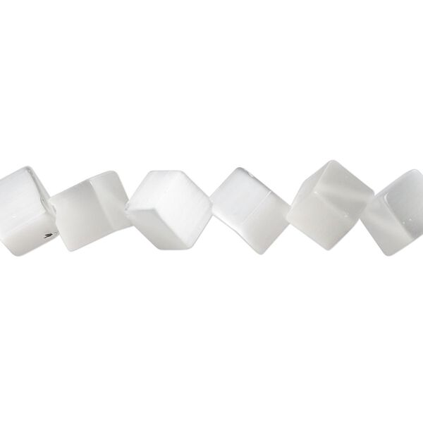 Bead, cat's eye glass (fiber optic glass), white, 9mm diagonally drilled cube. Sold per 15-inch strand. image number 0