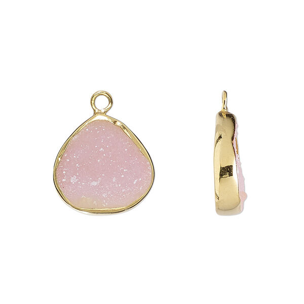 Drop, druzy agate (dyed) and gold-finished sterling silver, pink, 15x15mm single-sided teardrop. Sold per pkg of 2. image number 0