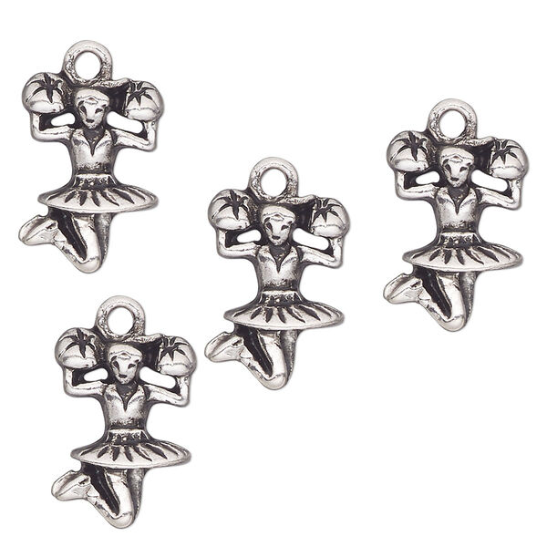 Charm, antique silver-finished "pewter" (zinc-based alloy), 15x11mm single-sided leaping cheerleader. Sold per pkg of 4. image number 0