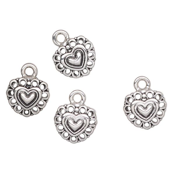Charm, antique silver-finished "pewter" (zinc-based alloy), 11mm heart with lacy edge cutout. Sold per pkg of 4. image number 0