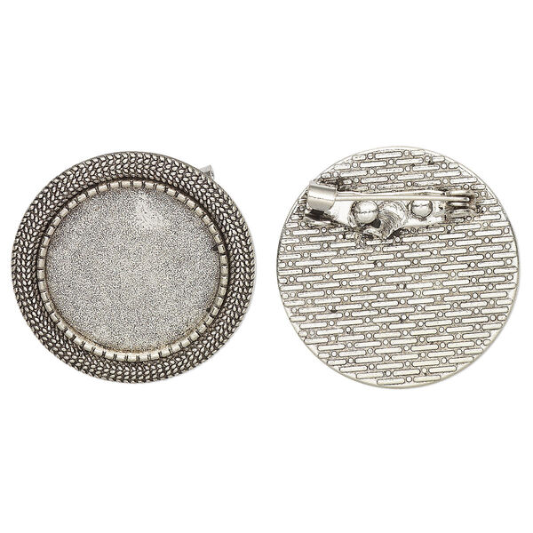Brooch back, glue-in, antique silver-finished "pewter" (zinc-based alloy), 28mm single-sided round with textured edge and 20mm round setting. Sold per pkg of 2. image number 0