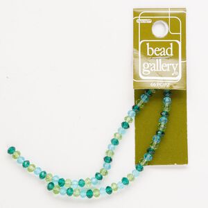 Bead, glass, translucent blue / green / light green, 4x3mm-5x4mm faceted rondelle. Sold per pkg of 66.