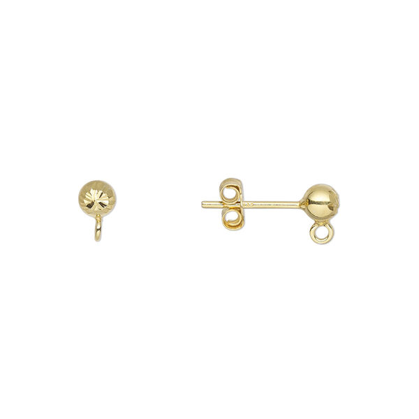 Earstud, gold-finished sterling silver, 4mm diamond-cut ball with loop. Sold per pair. image number 0