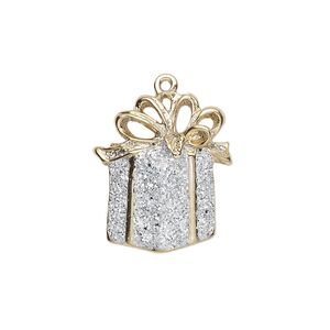 Charm, gold-finished "pewter" (zinc-based alloy) and enamel, white with silver-colored glitter, 21x19mm single-sided gift with bow. Sold per pkg of 2.