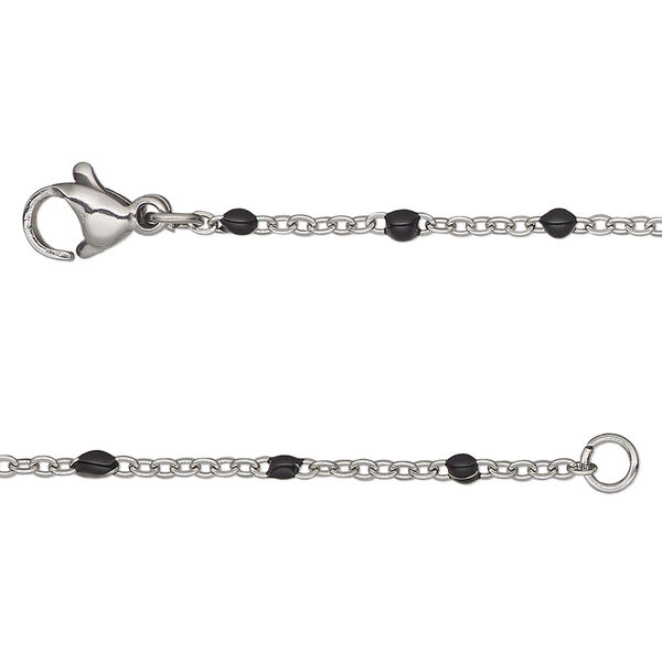 Chain, stainless steel and enamel, black, 1.7mm flat cable with 2mm ball, 18 inches with lobster claw clasp. Sold individually. image number 0