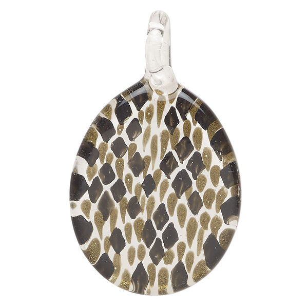 Focal, lampworked glass 1pkg1, opaque multicolored with gold-colored glitter, 36x26mm-37x29mm single-sided oval. image number 0