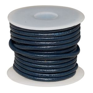 Cord, leather (dyed), navy blue, 2mm round. Sold per 5-yard spool.