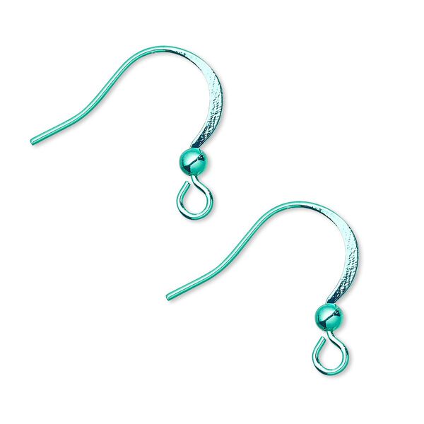 Ear wire, electro-coated brass, green, 19mm flat fishhook with 3mm ball and open loop, 21 gauge. Sold per pkg of 5 pairs. image number 0