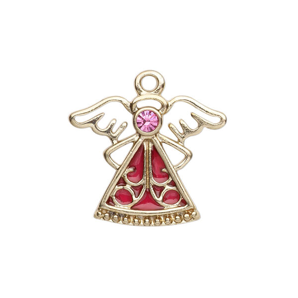 Charm, enamel / crystals / gold-finished "pewter" (zinc-based alloy), rose and pink, 24x19mm single-sided angel. Sold individually. image number 0