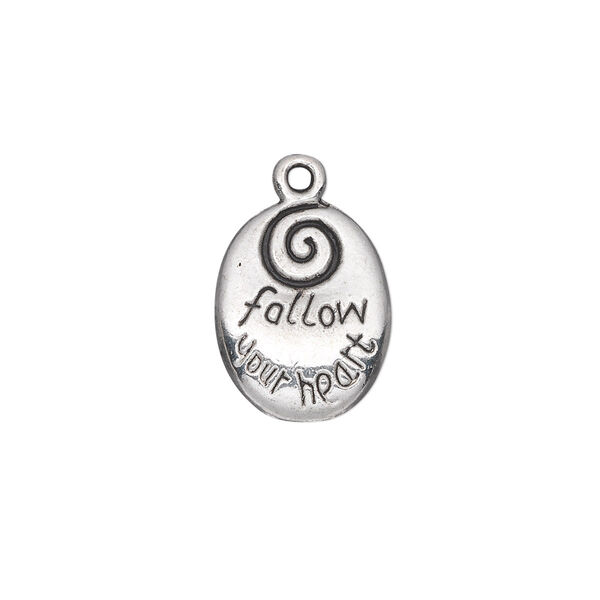 Drop, antique silver-plated "pewter" (zinc-based alloy), 17x13mm double-sided oval with "follow your heart." Sold per pkg of 10. image number 0