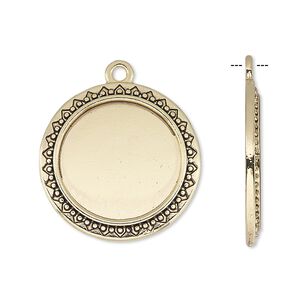 Drop, antique gold-finished "pewter" (zinc-based alloy), 24mm round with beaded and triangle edge with 18mm round setting. Sold per pkg of 6.