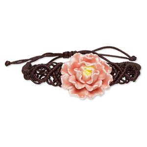 Bracelet, nylon and porcelain, brown / peach / yellow, 42x34mm-54x46mm flower, adjustable from 5-1/2 to 8 inches with macramé knot closure. Sold individually.