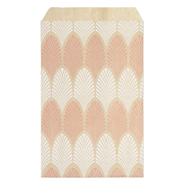 Bag, paper, brown, white and pink, 6x4 inch rectangle with leaf-print and scalloped top edge. Sold per pkg of 100. image number 0