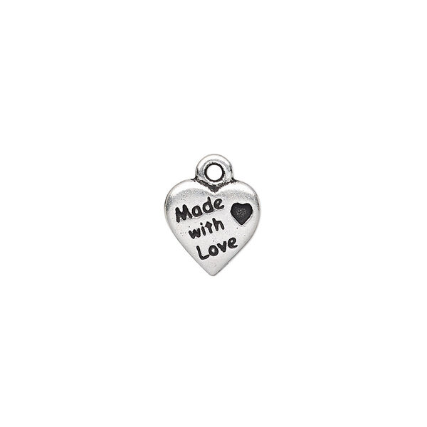 Charm, TierraCast®, antique silver-plated pewter (tin-based alloy), 10mm double-sided heart with "Made with Love." Sold per pkg of 20. image number 0