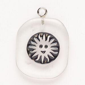 Focal, steel/glass/enamel, pkg/1, silver finish/clear/black, 30x24mm-39x27mm single-sided puffed freeform with sunface.