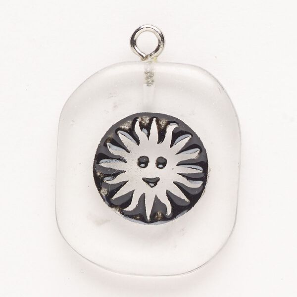 Focal, steel/glass/enamel, pkg/1, silver finish/clear/black, 30x24mm-39x27mm single-sided puffed freeform with sunface. image number 0