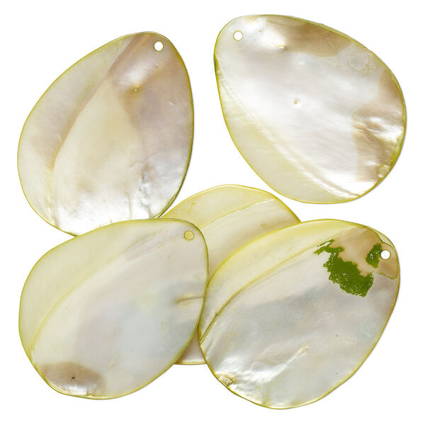 Focal, mother-of-pearl shell (dyed), green, 3 x 2-1/4 inch to 3-1/4 x 2-1/4 inch teardrop, Mohs hardness 3-1/2. Sold per pkg of 5. image number 0