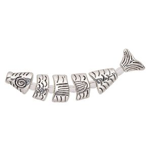 Bead, antique silver-plated "pewter" (zinc-based alloy), 43x9mm double-sided fish. Sold per 6-piece set.