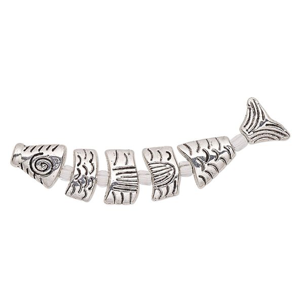 Bead, antique silver-plated "pewter" (zinc-based alloy), 43x9mm double-sided fish. Sold per 6-piece set. image number 0