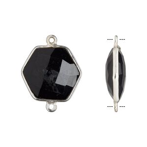 Link, black onyx (dyed) and sterling silver, black, 18x17mm-20x18mm hand-cut double-sided faceted hexagon. Sold individually.
