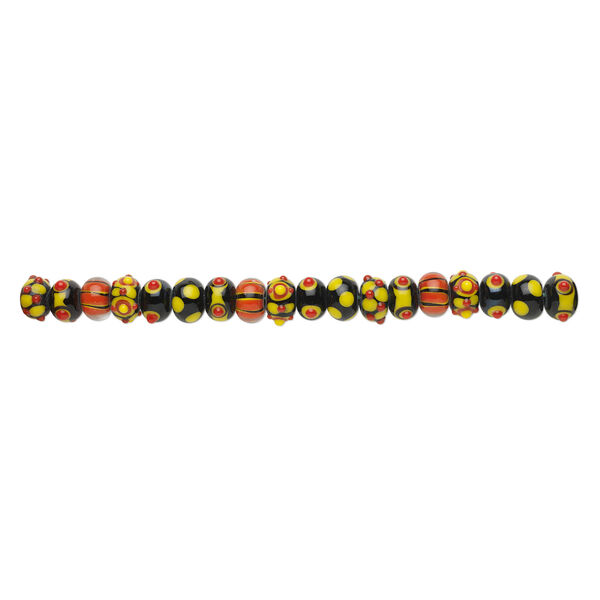 Bead, lampworked glass, assorted black / orange / yellow, 14x10mm rondelle. Sold per pkg of 20. image number 1