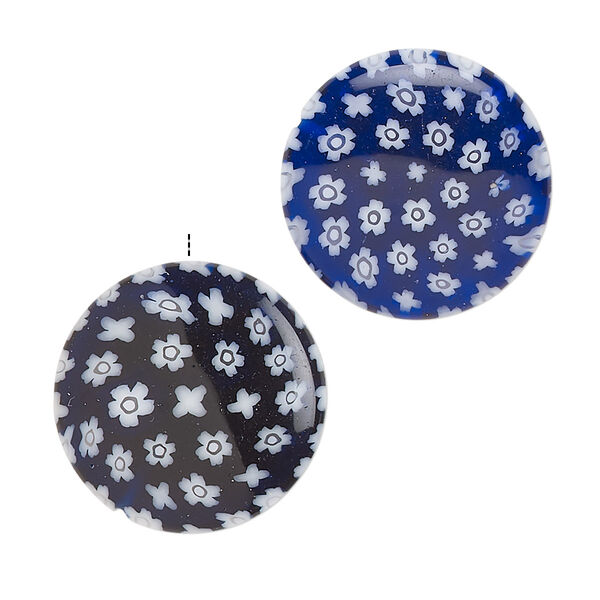 Bead, millefiori glass, translucent multicolored, 20mm half-drilled puffed flat round with flower design, 0.6-0.8mm hole. Sold per pkg of 2. image number 0