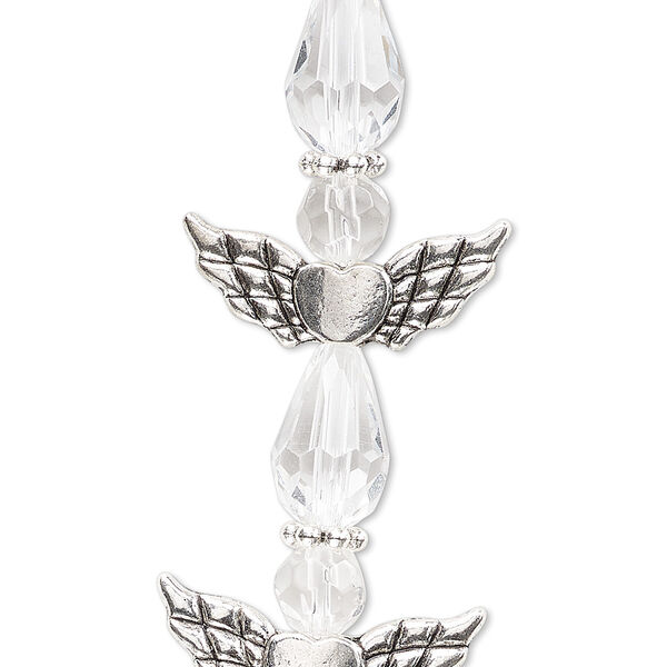 Bead, crystal and antique silver-plated "pewter" (zinc-based alloy), transparent clear, 25x22mm angel. Sold per pkg of 4. image number 0