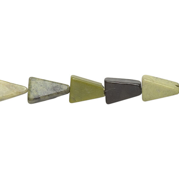 Bead, yellow "turquoise" (serpentine and quartz) (natural), 8x8x5mm-11x11x8mm hand-cut flat triangle, C grade, Mohs hardness 2-1/2 to 6. Sold per 13-inch strand. image number 0