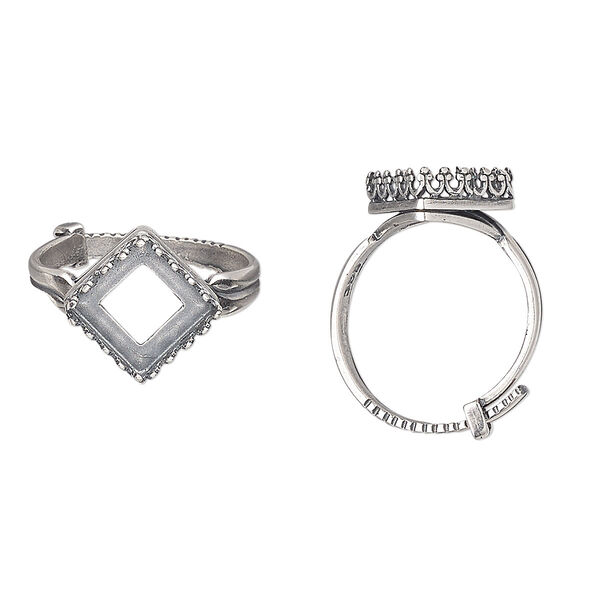 Ring, JBB Findings, antique silver-plated brass, 15mm wide with decorative trim and 10x10mm square bezel setting, adjustable from size 8-11. Sold individually. image number 0