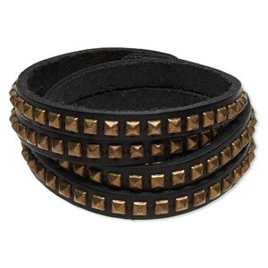 Bracelet, wrap, leather (dyed) with antique brass-plated steel and "pewter" (zinc-based alloy), black, 14mm wide with square studs, 6 inches with tab closure. Sold individually.