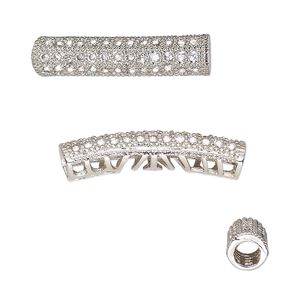 Bead, cubic zirconia and silver-finished brass, clear, 27x7.5mm textured curved tube with cutout design. Sold individually.