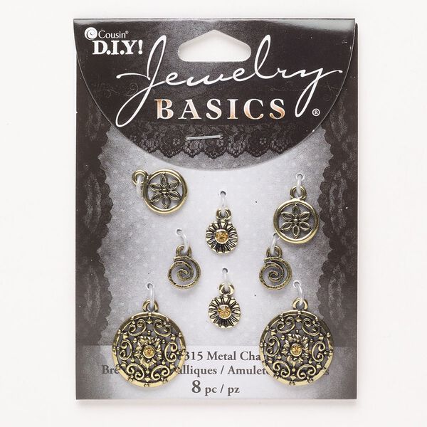 Charm and drop assortment, "pewter" (zinc-based alloy) and glass, pkg/8, antique gold finish and amber, 8-19mm round. image number 0