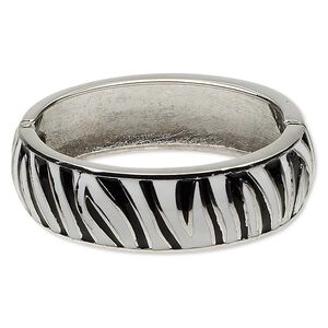 Bracelet, hinged bangle, epoxy and rhodium-finished "pewter" (zinc-based alloy), black and white, 20mm wide with zebra print design, 6 inches. Sold individually.