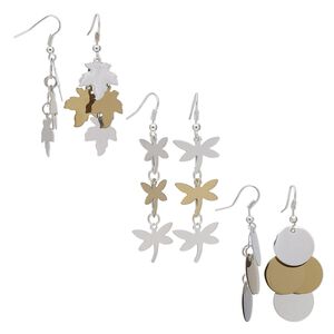 Earring mix, stainless steel / gold-finished steel / silver-plated brass / steel / stainless steel, mixed two-tones, 2 to 2-3/4 inch mixed shapes with fishhook ear wire. Sold per pkg of 3 pairs.