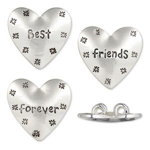 Spacer, silver-finished "pewter" (zinc-based alloy), 25x24mm 2-strand affirmation heart with star / "Best" / "friends" / "forever" designs and hidden loops, fits up to 6mm bead. Sold per 3-piece set.