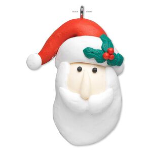 Ornament, polymer clay and imitation rhodium-finished steel, multicolored, 44x32mm Santa Claus head. Sold individually.
