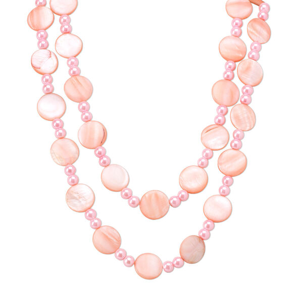Necklace, glass pearl and mother-of-pearl shell (dyed), pink, 20mm flat round and 8mm round, 44-inch continuous loop. Sold individually. image number 0