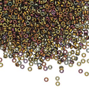 Seed bead, Miyuki, glass, pkg/10g, 2.2x1mm spacer rondelle, opaque iris gold, (SPR2.2-462).