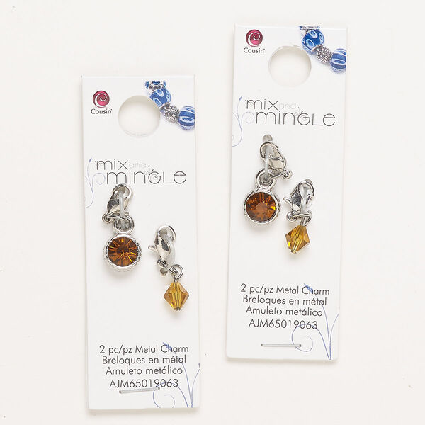 Drop, brass/steel/glass, pkg/2, silver finish and amber, 9mm round with lobster claw clasp and 6mm bicone with lobster claw clasp. image number 0