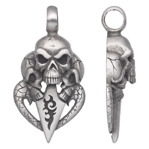 Pendant, Powerful Pewter Pendants, antiqued pewter (tin-based alloy), 53x28mm single-sided skulls. Sold individually. image number 0