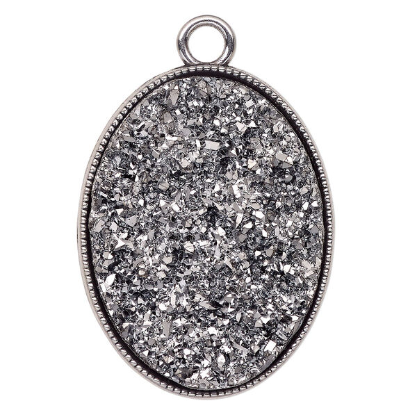 Focal, "druzy" (acrylic) Imitation) and antique silver finished "pewter" (zinc-based alloy), silver, 42x32mm single-sided oval. Sold individually. image number 0