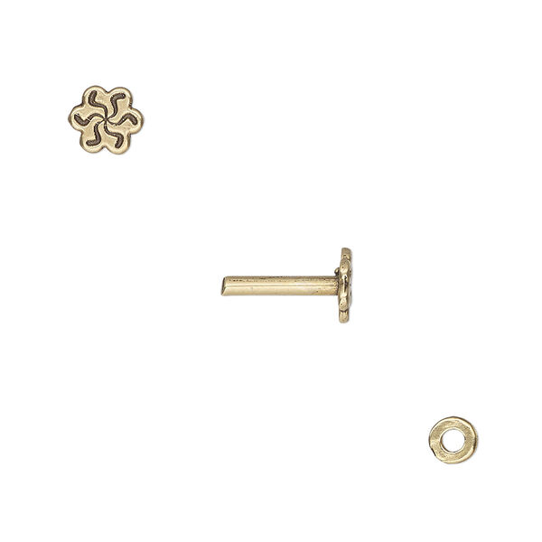 Washer and brad, antiqued brass, 4x0.7mm and 10.5x6mm with 6x5.5mm flower and 1.5mm post diameter. Sold per pkg of (2) 2-piece sets. image number 0