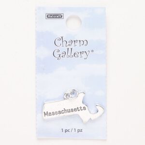 Charm, steel and enamel, pkg/1, silver finish and black, 31x16mm with "Massachusetts."